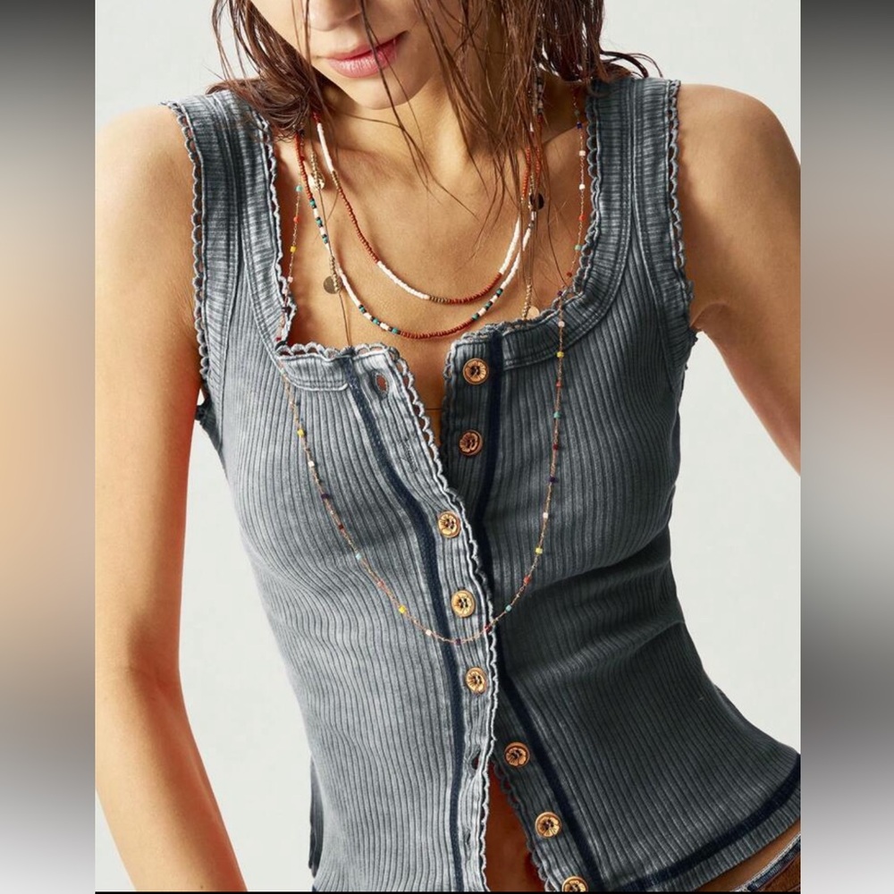 Dark Gray Button-Down Ribbed Tank Top